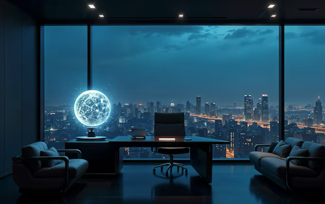 Futuristic executive office with holographic globe
